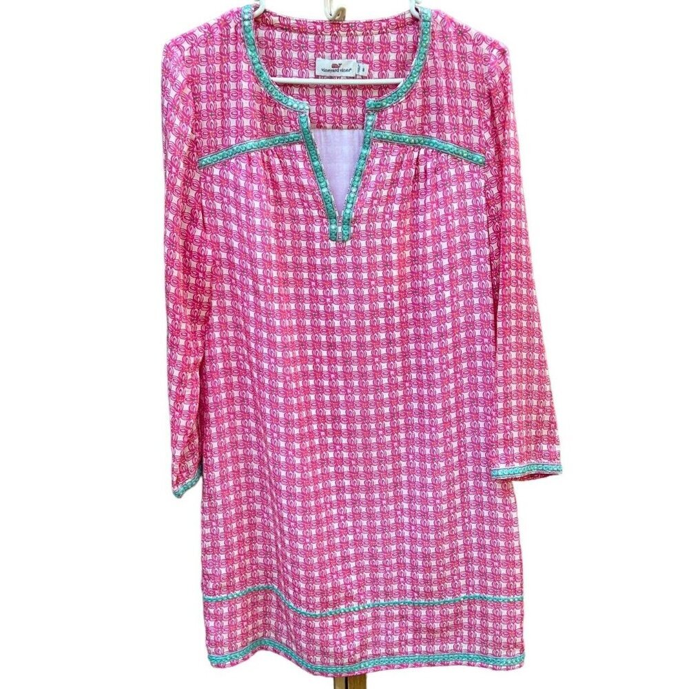 Vineyard Vines Cowrie Shell Silk Tunic Dress Sz 8 Lined Pink Embellished Resort